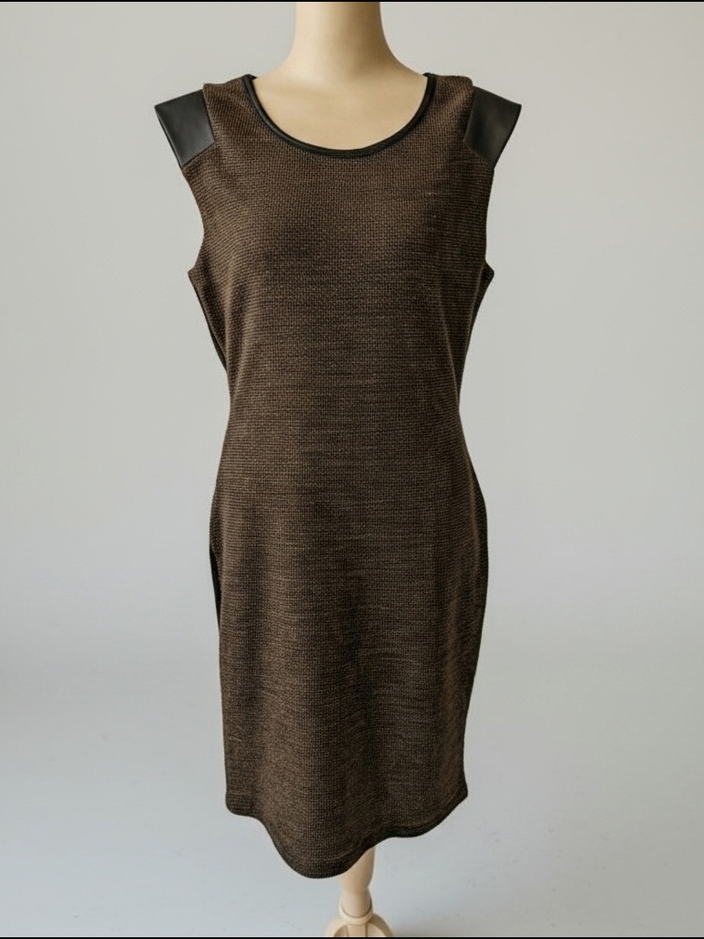 Sleeveless Brown Knit Sheath Dress with Faux Leather Shoulder Detail